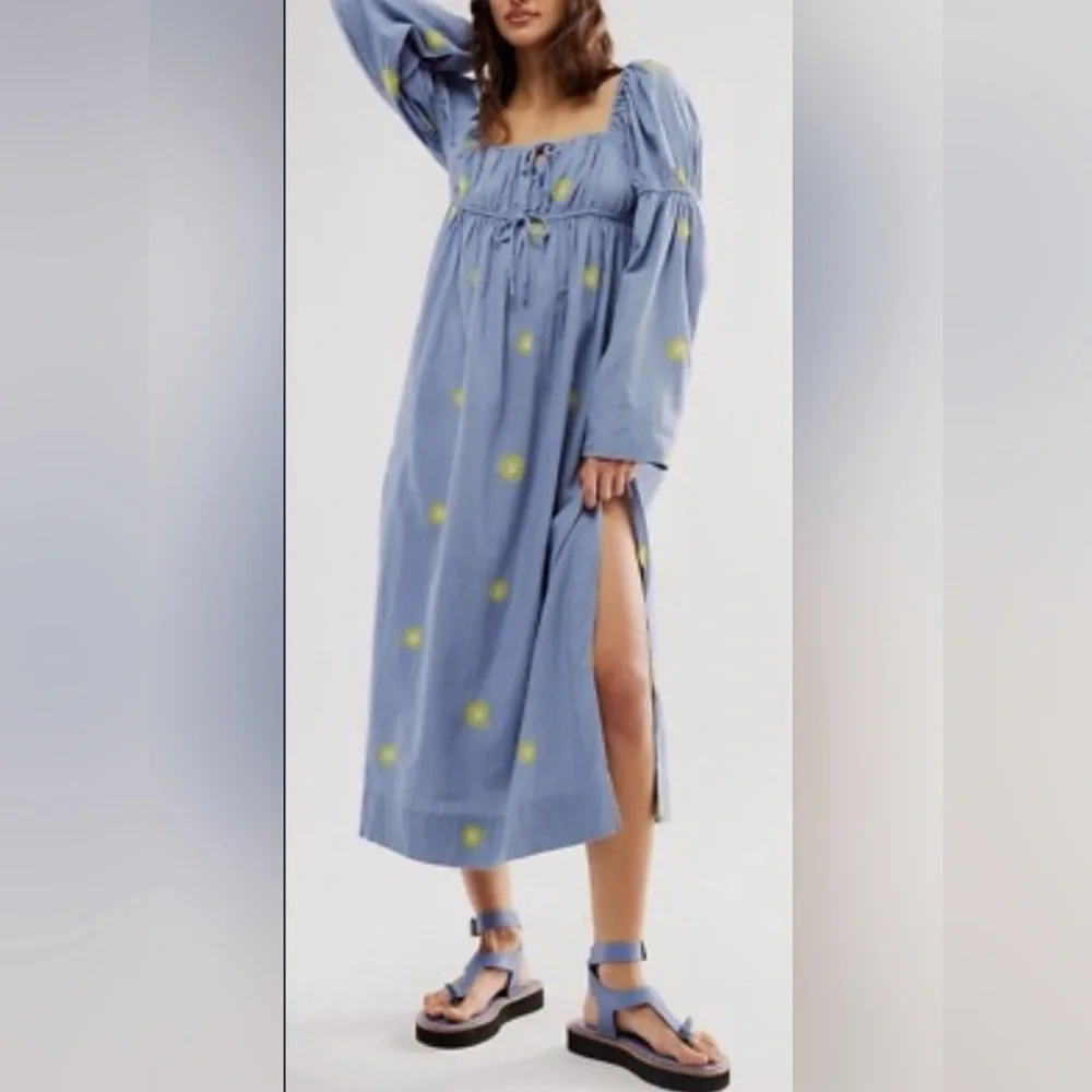 Free People Emory Embroidered Midi Long Sleeve Denim Dress blue, medium - Picture 1 of 5